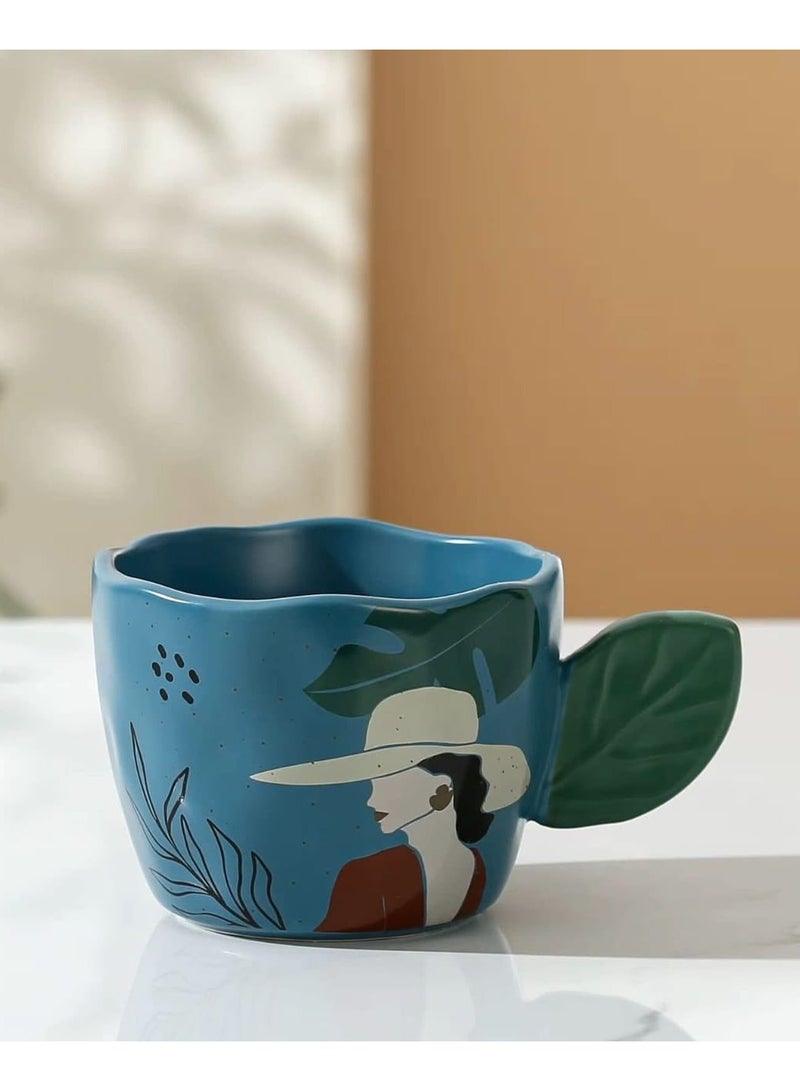 Premium 360ml Sky Blue Porcelain Mug Featuring Artistic Lady Portrait and Ergonomic Green Leaf Shaped Handle with Handmade Artistic Finish - Image 2